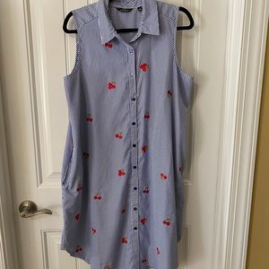 Blue and white strip Swing dress with cherry embroidery